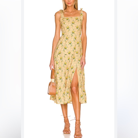 PAIGE Dresses & Skirts - Revolve PAIGE Tamika Dress Butter Yellow Floral Midi Dress Size Medium tie strap